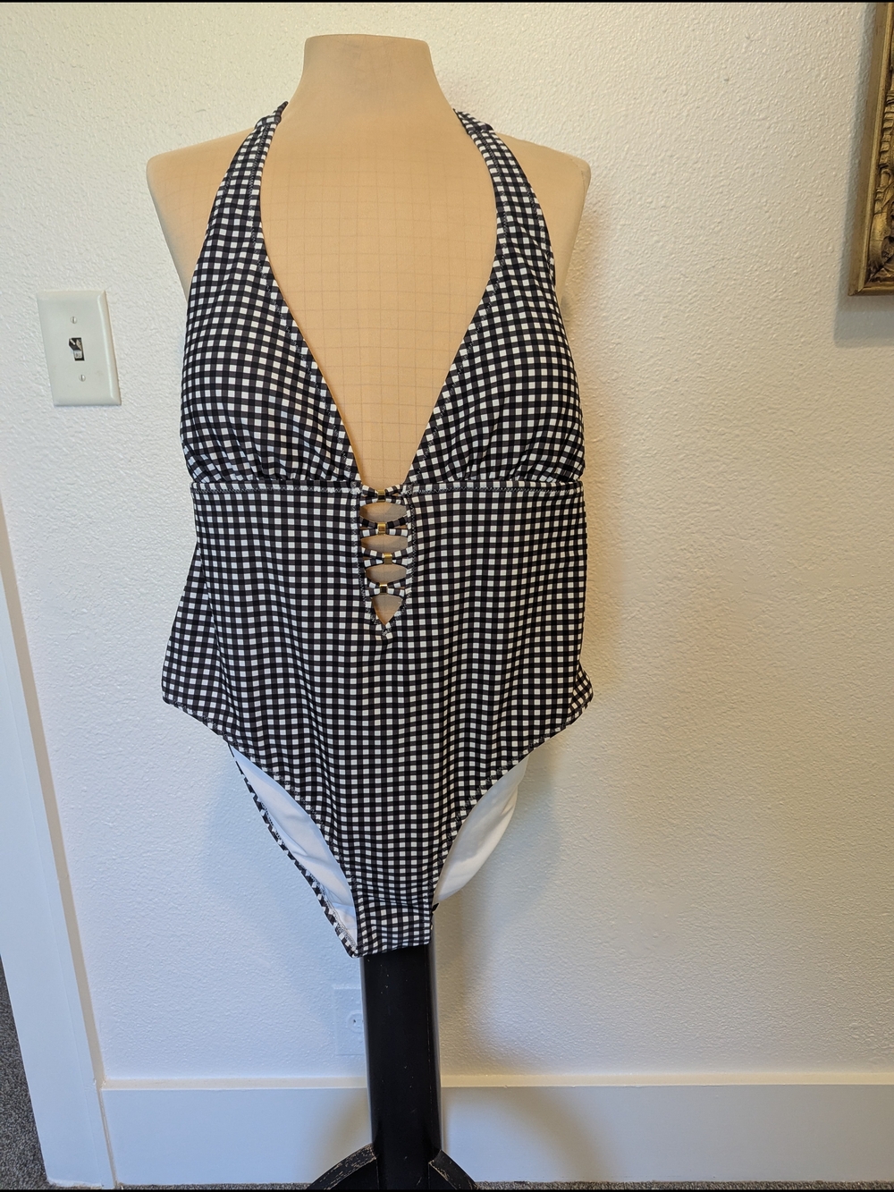 Women’s Black & White Gingham Halter One-Piece Swimsuit